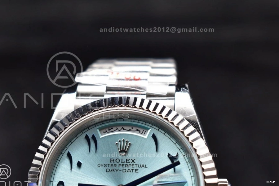 Arabic Blue 904L Dial Bracelet V2 on Markers SS A3255 President DayDate 40 Iced GMF Steel 1126
